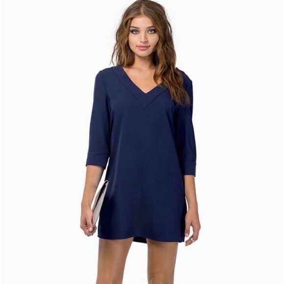 Tobi Navy Blue 3/4 Sleeve V-Neck Sheath Shift Mini Dress, Size Small - Picture 1 of 15